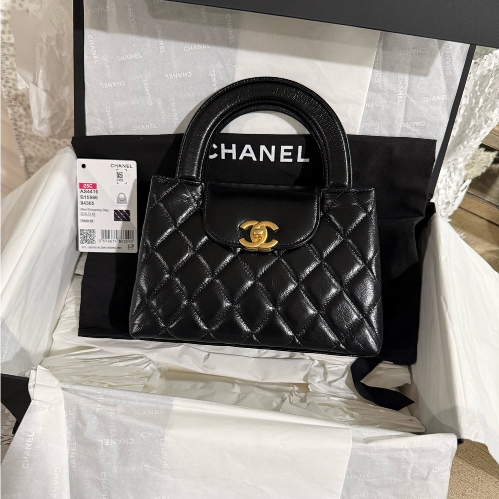 CHANEL Black Kelly Quilted Mini Top-Handle Bag with Gold CC shopping bag
